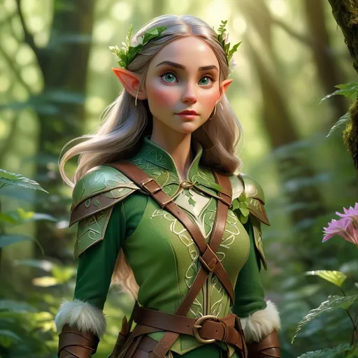 Prompt: Elf ranger, poised gracefully in a mystical forest, surrounded by dappled sunlight filtering through lush green trees, enchanting atmosphere, vibrant foliage, delicate flowers blooming, soft ethereal glow, intricate details on ranger's attire woven with nature's palette, capturing a sense of adventure and tranquility, high depth cinematic masterpiece, ultra-detailed, serene mood.