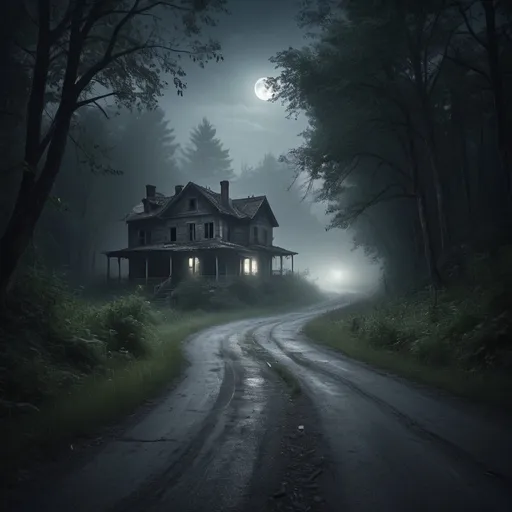 Prompt: curving dilapidated road disappearing into dark forest, moonlit, dense hazy fog, abandoned nondescript house of small to medium size, photo-real, scary atmosphere, no direct light, summer night, detailed trees, high quality, photo-realistic, eerie, dense fog, moonlit, abandoned house, dilapidated road, dark forest, detailed, scary atmosphere, branches in foreground, 