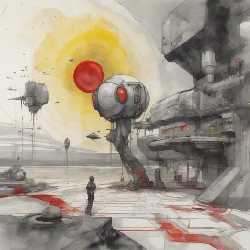 Prompt: man and a robot meet, futuristic spaceport with 
shades of GRAY, RED, and yellow, ink and wash  on paper,