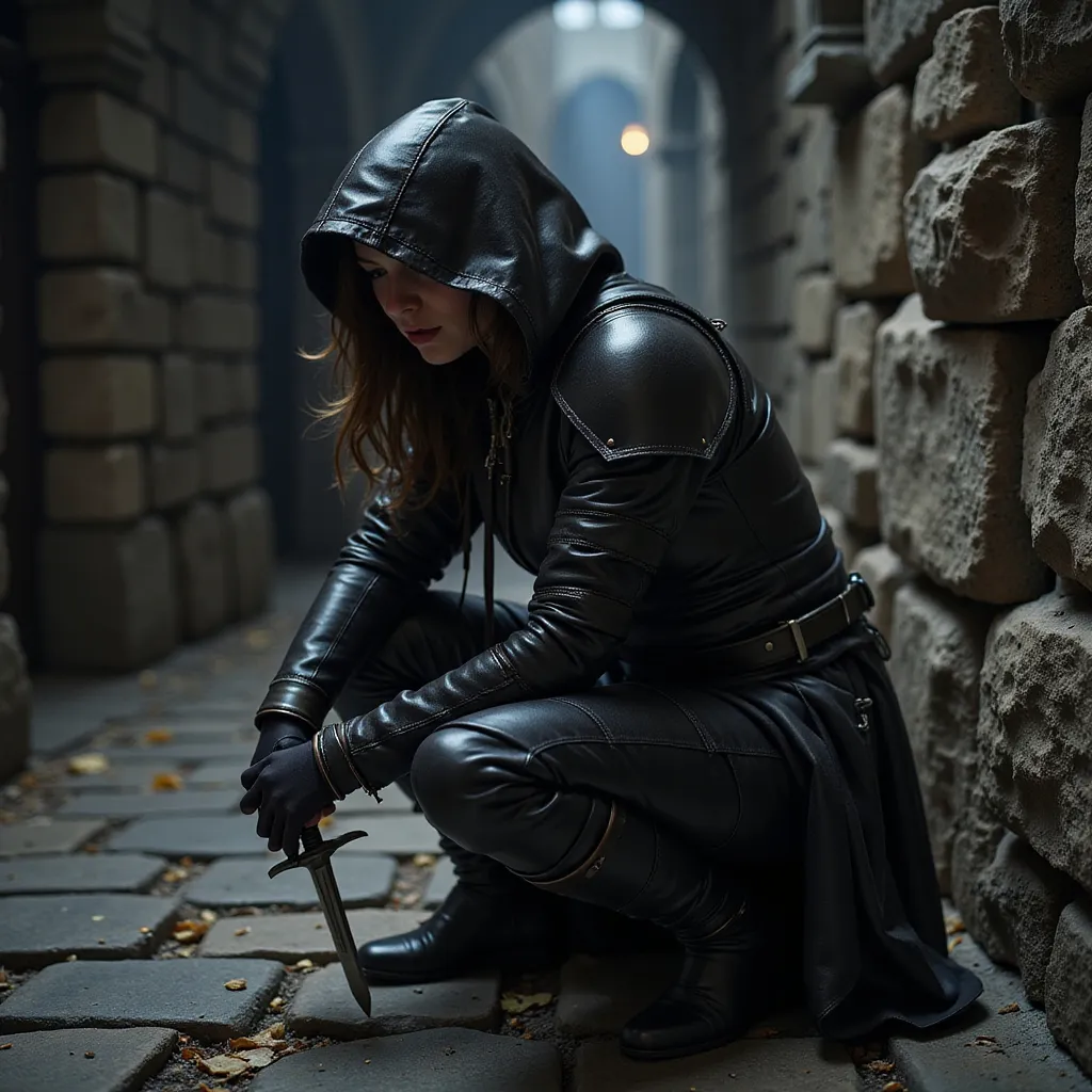 Prompt: A stealthy female rogue in dark hooded leather armor, crouching in a medieval stone corridor, gripping a dagger. Din torchlight caits shadows on ancient was re atmosphere. Utre-detailed, photorealistic, dark fantary, high contrast, dramatic lighting, realtic techures