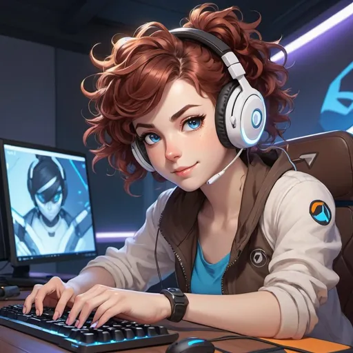Prompt: Anime illustration of a girl playing overwatch 2 with keyboard and mouse, Skandinavian blue eyes, mahogany color curly hair, white headset, vibrant and energetic, high quality, anime, cute, colorful, detailed, gaming setup, cheerful lighting