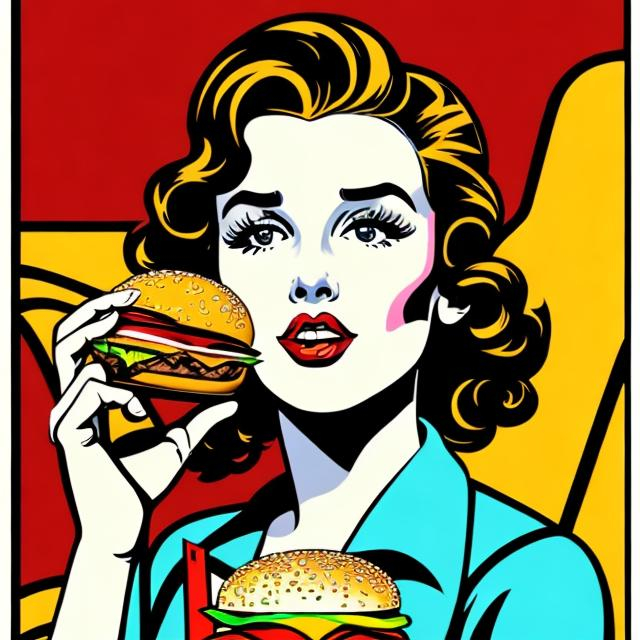 Prompt: a retro pop art girl with a burger and fries with a sign that says "not so fast food" 