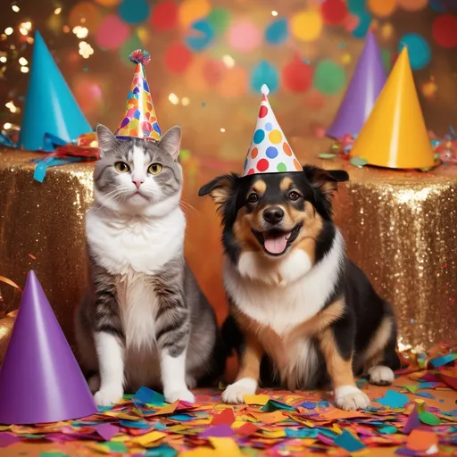 Prompt:  CAT, dog, , festive atmosphere, (cheerful decorations) party hats, colorful confetti, bright and vibrant colors, whimsical background, (2024 celebration) cozy scene with soft lighting, joyful expressions on animals’ faces, (high quality) ultra-detailed, festive spirit, new year excitement.