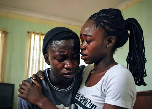 Prompt: A Nigerian teen man and a teen woman 18 years in a room the man ontop of the woman who is crying 