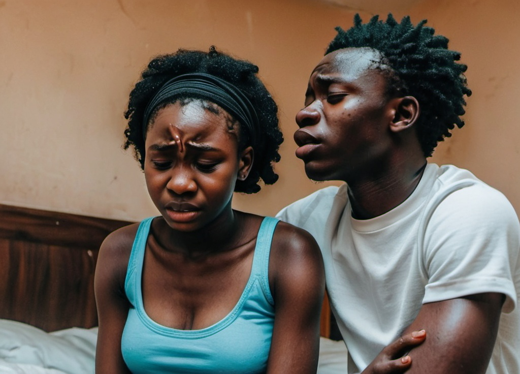 Prompt: A Nigerian teen man and a teen woman 18 years in a room the man ontop of the woman who is crying 