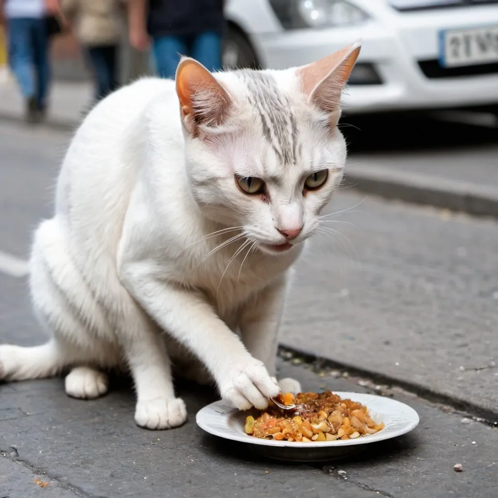 Prompt: A cat eating on the street 
