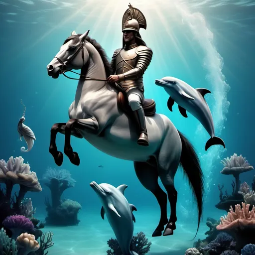 Prompt: I would like a God who has a horse hat on top of a dolphin with a trident in his hand and in the background seahorses with water
