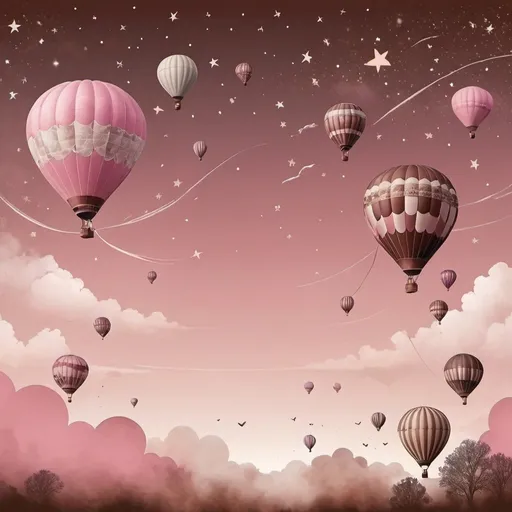 Prompt: a background sky faded in pink and brown with clouds and stars and hot air balloons flying away