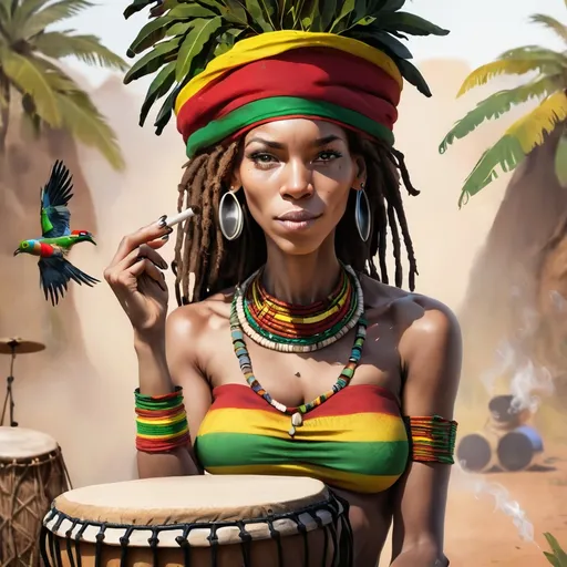 Prompt: rasta woman leaning on djembe drum,  smoking