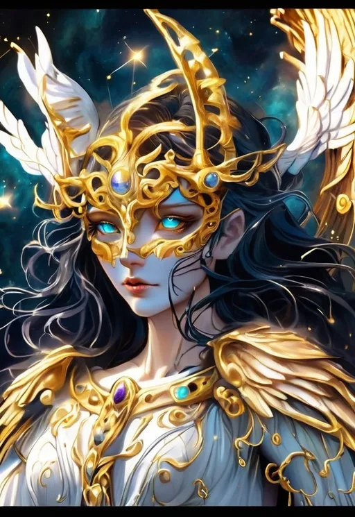 Prompt: Eldritch goddess of balance. Wings and eyes. Terrifying bible accurate angel. fantasy concept art, constellations, scary. Gilded gold mask