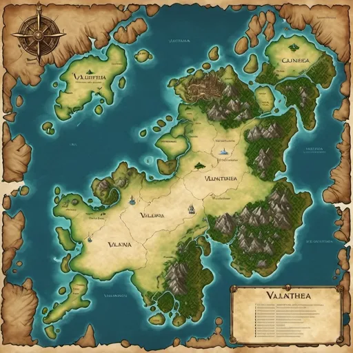 Prompt: Ancient fantasy map of The Republic of Valanthea. The country itself is pretty modern with schools and government offices the islands for the wealthy that live there and much vegetation, but the map itself is old parchment looking. The main island has a Metropolitan space abd eastern islands have harbors
