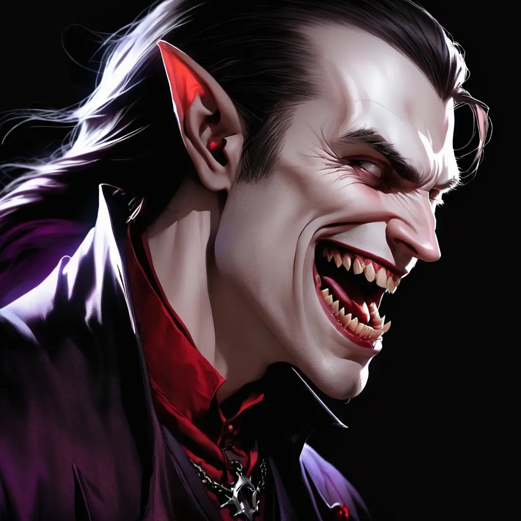 Prompt: Side profile. Man Vampire grins, showing fangs. Dynamic lighting. 