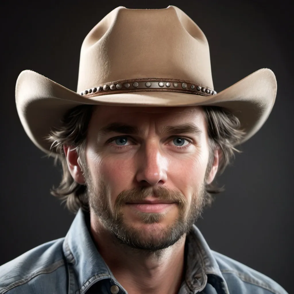 Prompt: Tall and wiry with a scruffy beard and a permanent squint. Always wears a cowboy hat. male