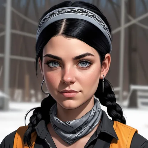 Prompt: Female. Medium height with sharp features, jet-black hair in a braid, and piercing gray eyes. Wears a bandana and work gloves.