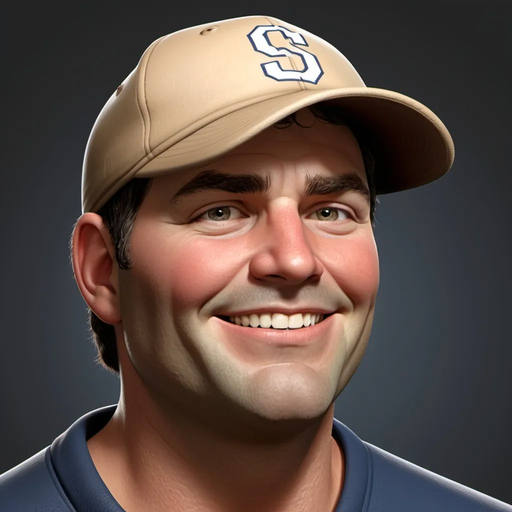 Prompt: Stocky, with dark brown hair, a five o’clock shadow, and a farmer’s tan. Often wears a baseball cap and an easy grin.