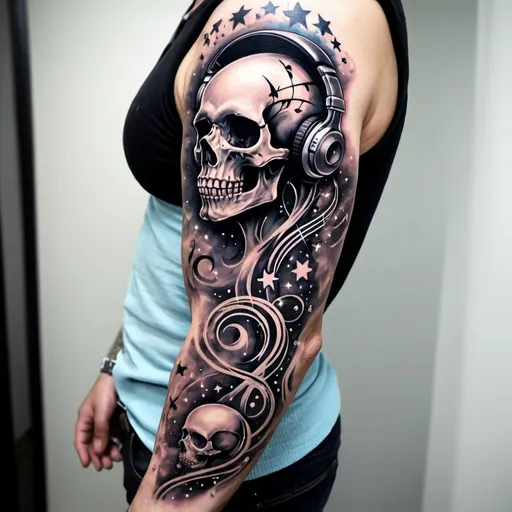 Prompt: Vertical skull, stars and music full arm tattoo design