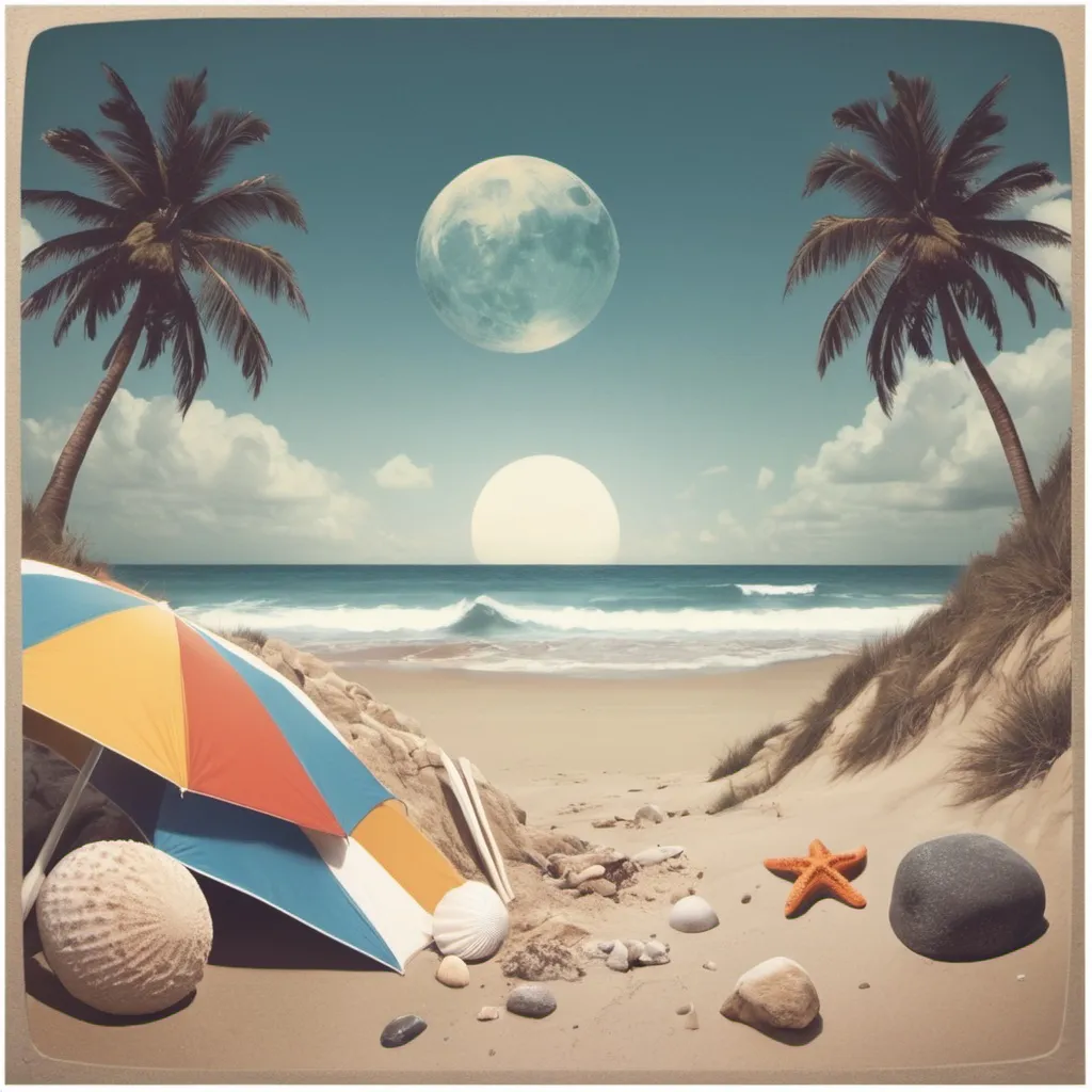 Prompt: beach theme rock music album cover