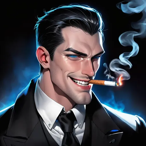 Prompt: Side profile. Man with a slick back. Black hair blue eyes. Dynamic lighting. Smiling with cigarette between his teeth. Vampire holding the cigarette while he smokes.
