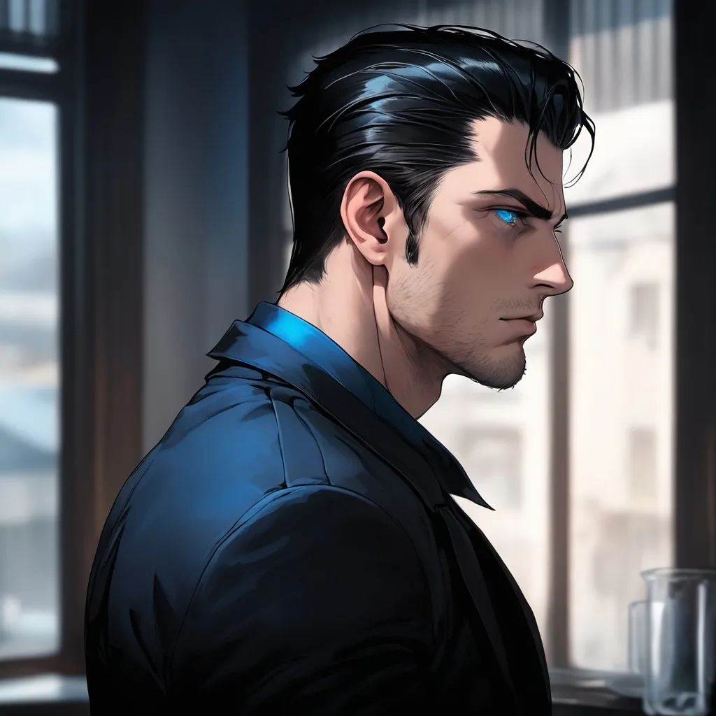 Prompt: Side profile. Man with a slick back. Black hair blue eyes. Looking out window, melancholic. Dynamic lighting. 