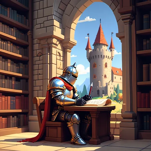 Prompt: Pixel Knight sitting in library writing on a scroll with castel in window