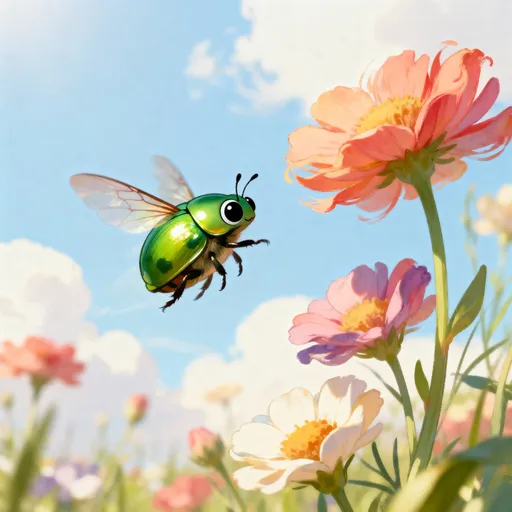 Prompt: a cute little beetle that flies from flower to flower and reaches the sky