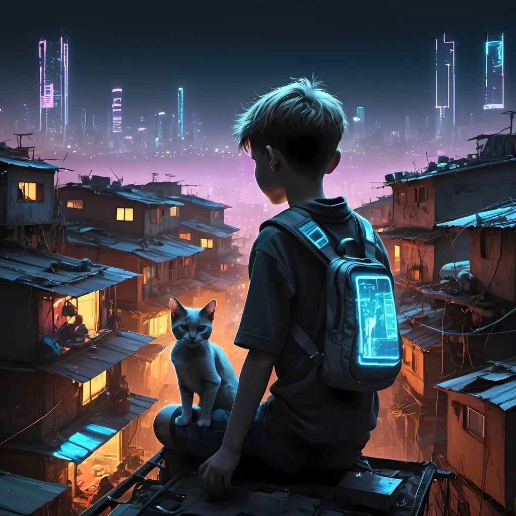 Prompt: kid with cybernetics limbs with a cat in his back in a rooftop of a cyber city slum house, neon lights in some houses, night, flying vehicles at the distance