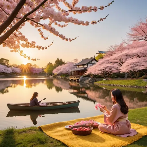 Prompt: A serene setting at golden hour: A woman with long brunette hair arranging a picnic under a pink cherry blossom tree on a vibrant yellow checkered blanket. In the background, a rowboat with a group of people peacefully enjoying the sunset on a pond. Further away, a Japanese-inspired building nestled beside the lake adds to the tranquil scene. The warm, golden light beautifully illuminates the blooming cherry blossoms around the serene pond.