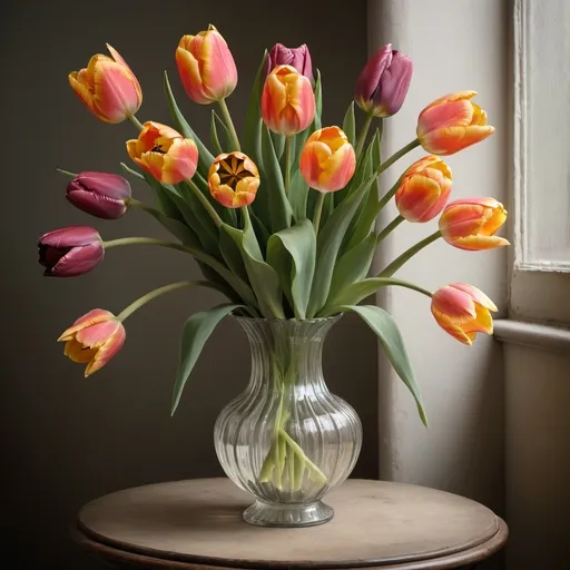 Prompt: A Dutch still life of an arrangement of tulips in a fluted vase. The lighting is subtle, casting gentle highlights on the flowers and emphasizing their delicate details and natural beauty.