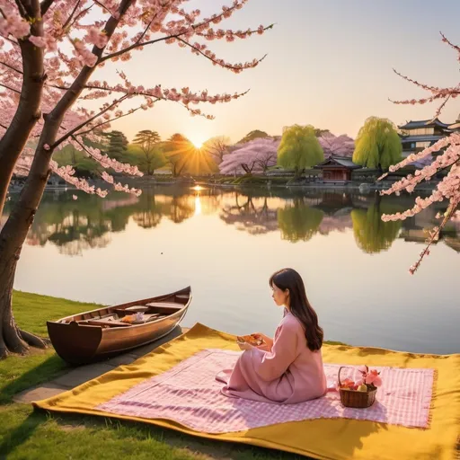 Prompt: A serene setting at golden hour: A woman with long brunette hair arranging a picnic under a pink cherry blossom tree on a vibrant yellow checkered blanket. In the background, a rowboat with a group of people peacefully enjoying the sunset on a pond. Further away, a Japanese-inspired building nestled beside the lake adds to the tranquil scene. The warm, golden light beautifully illuminates the blooming cherry blossoms around the serene pond.