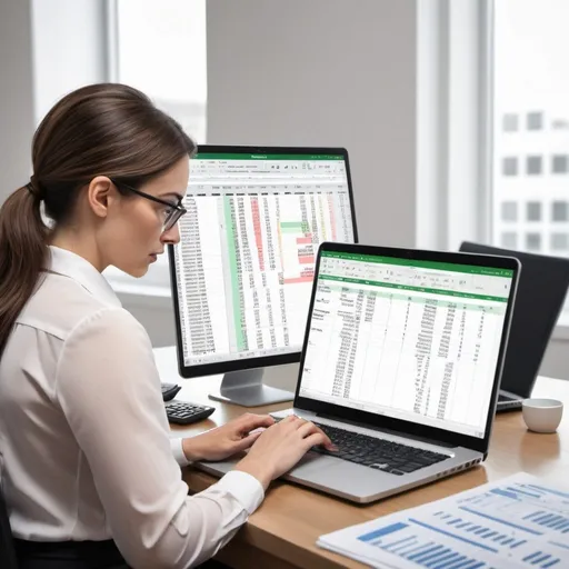 Prompt: A photo-realistic image of the back of a female accountant looking at a laptop where she is entering data into a payroll system. There is a spreadsheet beside the laptop that she is looking at to input the data.