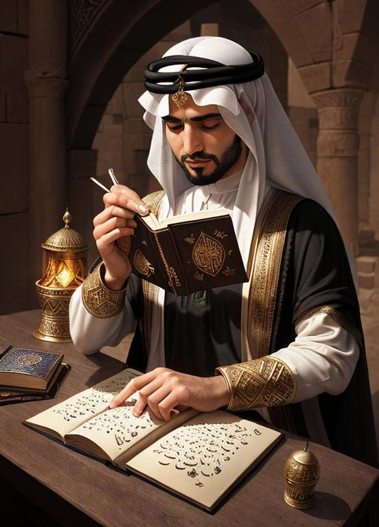 Prompt: An Arab mystic writing a magic book. Ancient Arabia. Mysterious essence.