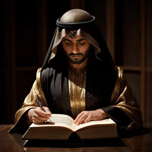 Prompt: An Arab mystic writing a magic book. Ancient Arabia. Mysterious essence.