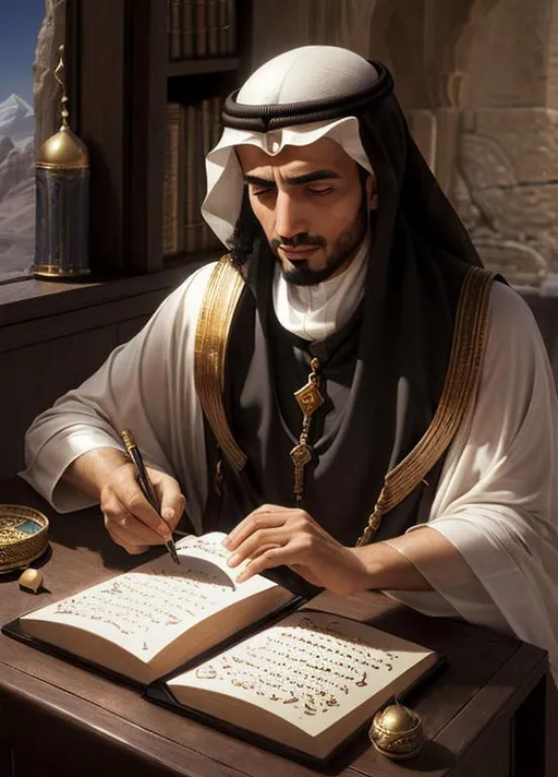 Prompt: An Arab mystic writing a magic book. Ancient Arabia. Mysterious essence.