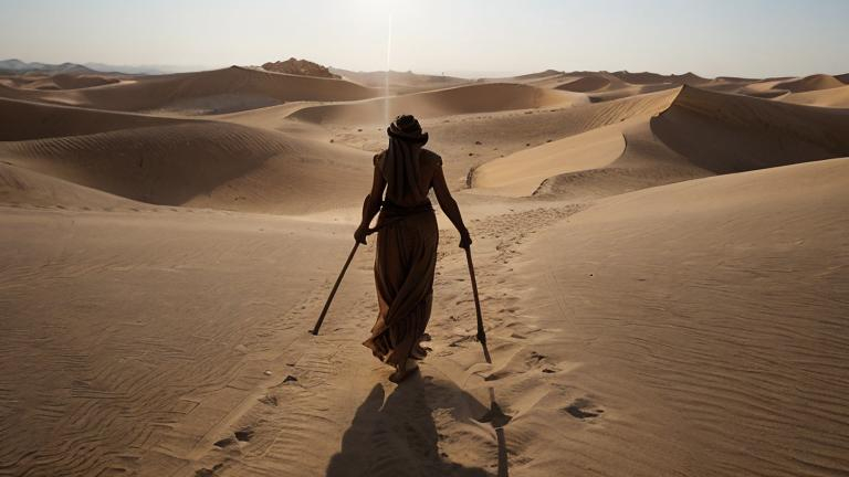 Prompt: An Arab mystic.  walking on the desert sand.  carrying a stick.  face shrouded in light.  Ancient Arabic.  Mysterious essence.