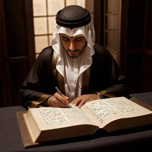 Prompt: An Arab mystic writing a magic book. Ancient Arabia. Mysterious essence.