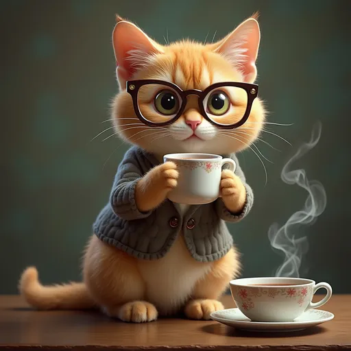 Prompt: make a cat who is standing up on their two legs and has one of those fancy one eye glasses and make the cat drinking tea and make him look british 