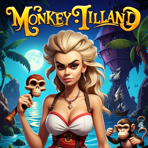 Prompt: Tallia storm in monkey Island 8 , make it as game box cover