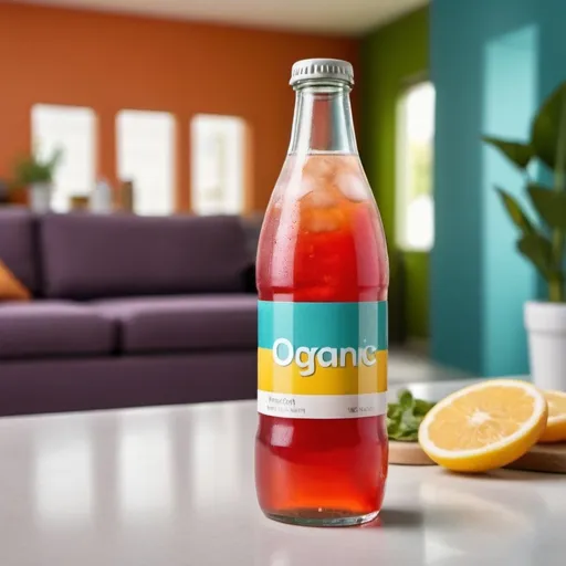 Prompt: A chill soft drink bottle with a small label in the top middle. The bottle is made of transparent glass and the label colors indicates a healthy organic product. The background shows vertically two sections; a living room and a diner. Colors are vibrant.