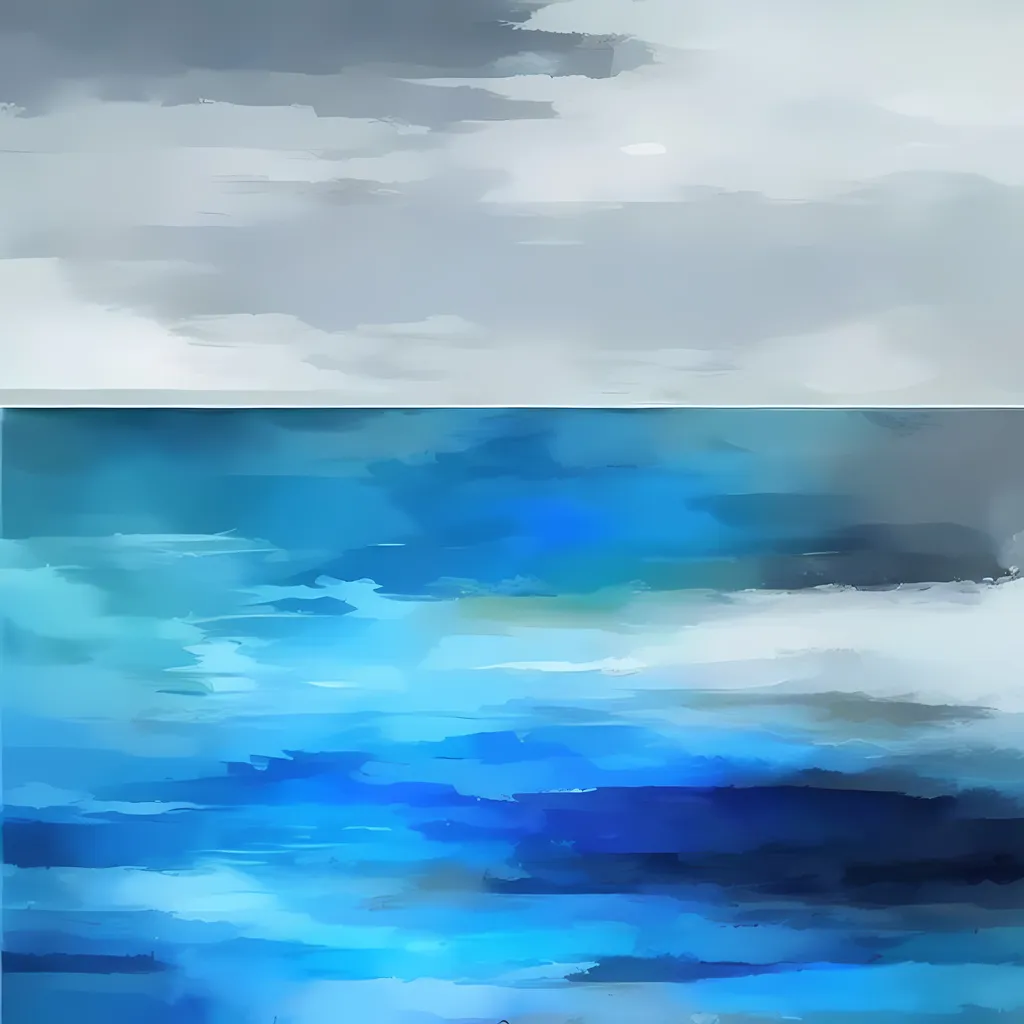 Prompt: Create abstract painting of ocean with blue and gray tones.  