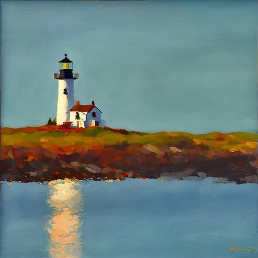 Prompt: Impressionism minimal oil painting   Wood island light in Biddeford maine