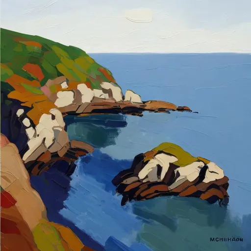 Prompt: Impressionism minimal oil painting   of cliffs of Monhegan Maine with blue grey