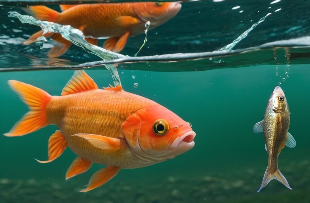 Prompt: A fish is attacking a smaller fish underneath the water in a river.