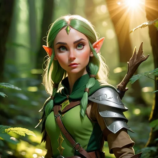 Prompt: Elf ranger in a mystical forest around sunlight