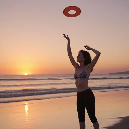 Prompt: a woman standing on a beach with a frisbee in her hand and a sunset in the background, Daphne McClure, private press, beach, a picture