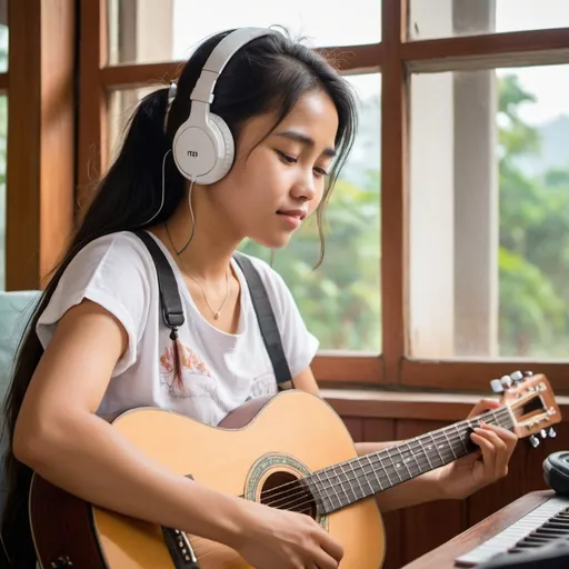 Prompt: A beautiful 18-year-old Myanmar woman sitting at her desk, wearing earphones and playing the guitar. Warm outside her window on a sunny day. She is wearing short sleeves. white clothes