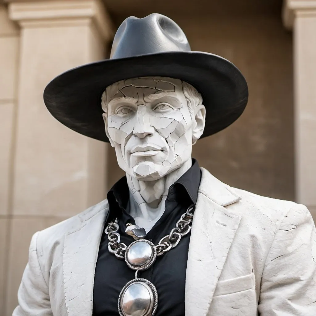 Prompt: A portrait of stone-man made of white stone. he is dressed as a cowboy with a black hat and matching shirt.