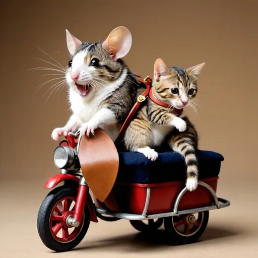 Prompt: mouse riding a cat with saddle and reigns.funny scene depicted