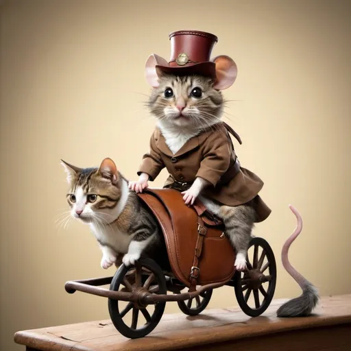 Prompt: mouse riding a cat with saddle and reigns.funny scene depicted