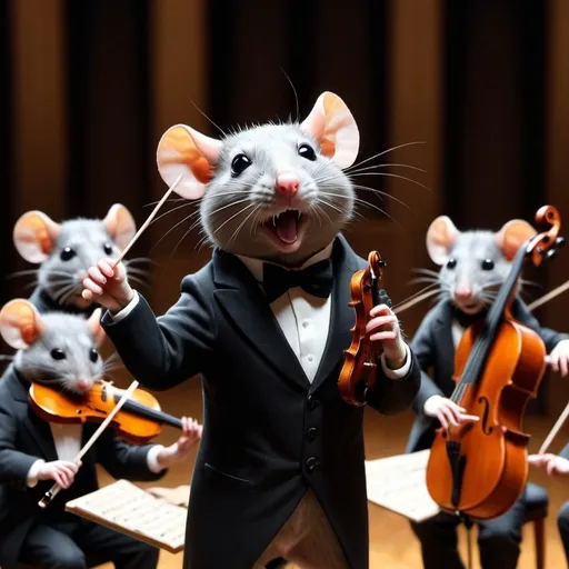 Prompt: a rat conducting a symphonic orchestra.funny scene.highly detailed 