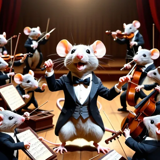 Prompt: a rat conducting a symphonic orchestra.funny scene.highly detailed 